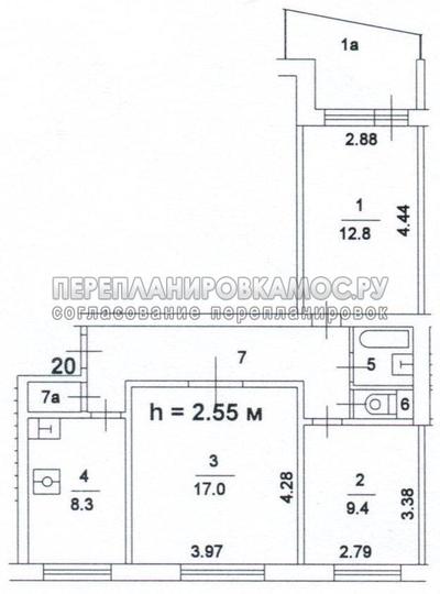 План трехкомнатной квартиры серии 1- 515/ 9ш с размерами