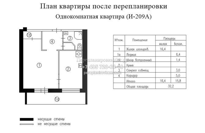 Третий вариант перепланировки в 1-комнатной квартире дома серии И209А