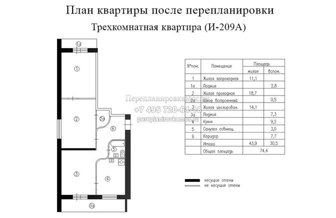 Четвертый вариант перепланировки в 3-хкомнатной квартире дома серии И209А