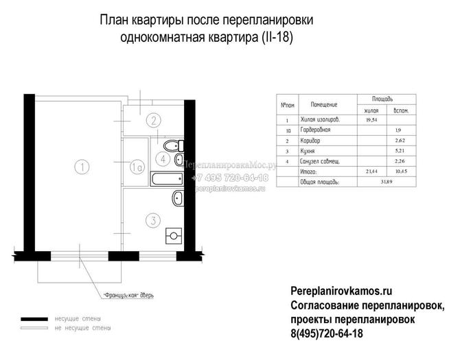 Первый вариант перепланировки однокомнатной квартиры серии II-18