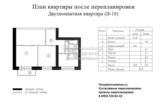 Первый вариант перепланировки 2-хкомнатной квартиры в доме серии II-18