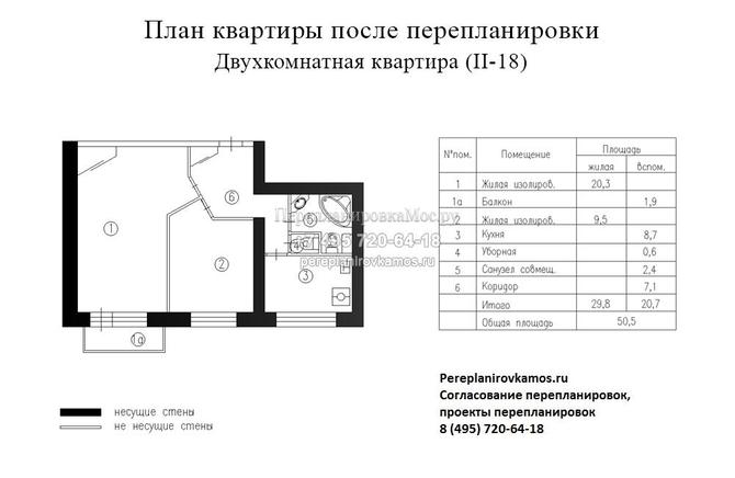 Второй вариант перепланировки 2-хкомнатной квартиры в доме серии II-18