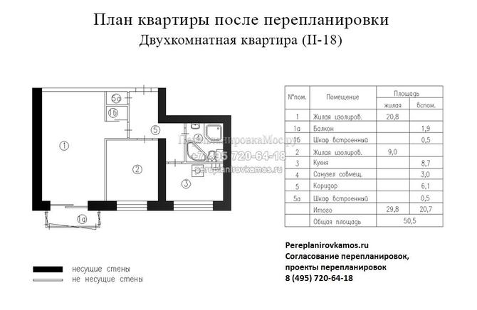 Третий вариант перепланировки 2-хкомнатной квартиры в доме серии II-18