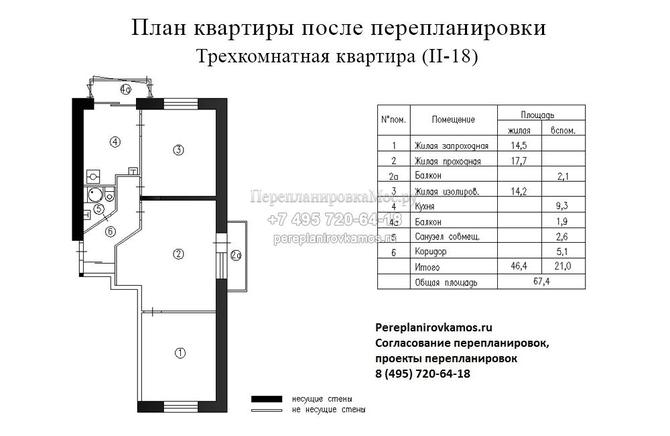 Третий вариант перепланировки 3-х комнатной квартиры дома серии II-18