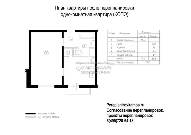 Первый вариант перепланировки однокомнатной квартиры в доме серии КОПЭ