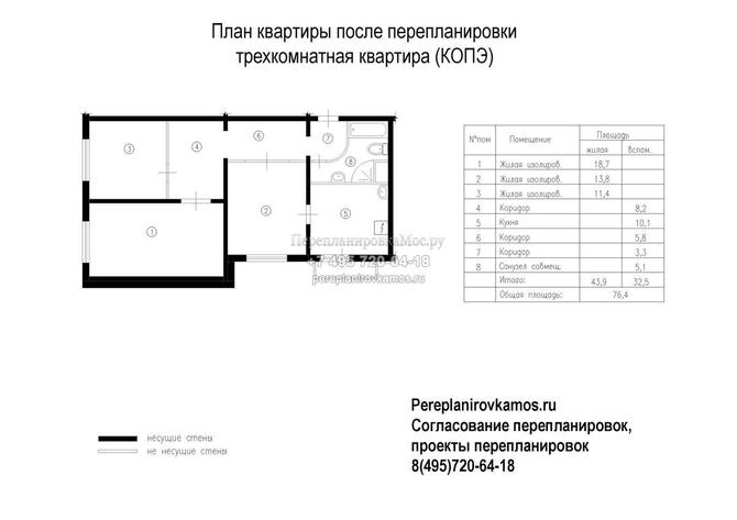 Второй вариант перепланировки трехкомнатной квартиры в доме серии КОПЭ