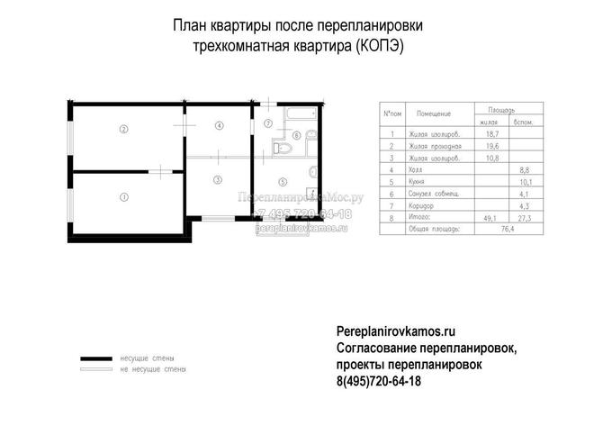 Четвертый вариант перепланировки трехкомнатной квартиры в доме серии КОПЭ