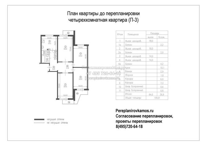 План до перепланировки четырехкомнатной квартиры в доме серии П-3