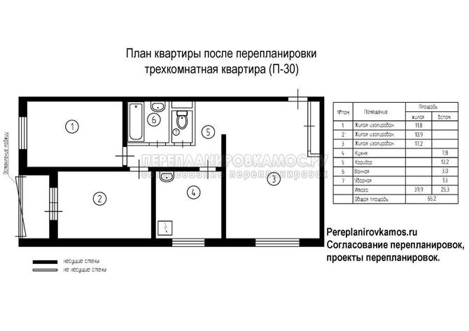 Четвертый вариант перепланировки трехкомнатной квартиры серии П-30