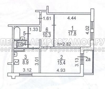 План 2-комнатной квартиры серии ГМС-1 с размерами