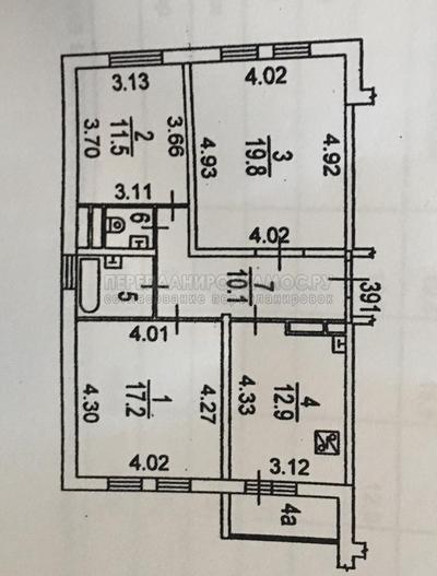 План 3-комнатной квартиры серии ГМС-1 с размерами: