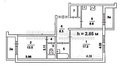 План 2-х комнатной квартиры серии ГМС-2001 с размерами