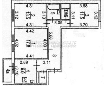План 3-х комнатной квартиры серии ГМС-2001 с размерами