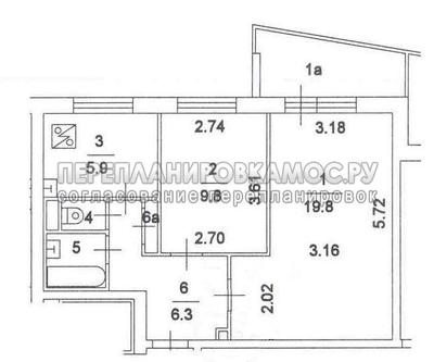 План 2-комнатной квартиры серии 1- 515/ 9ш с размерами