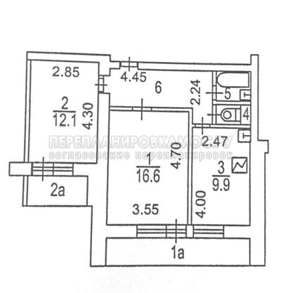 План 2-комнатной квартиры серии И-522 А с размерами