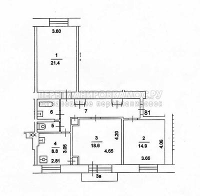План 3 комнатной квартиры в доме II-08 с размерами:
