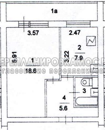 План БТИ однокомнатной квартиры серии II-68 с размерами:
