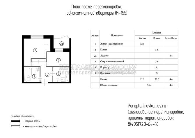 Третий вариант перепланировки однокомнатной квартиры в доме серии И-155