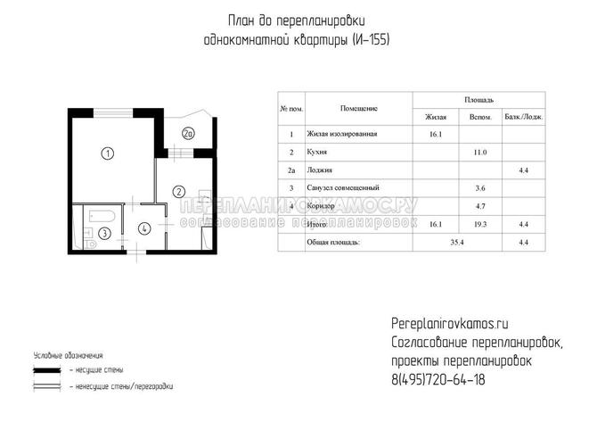 План до перепланировки однокомнатной квартиры в доме серии И-155
