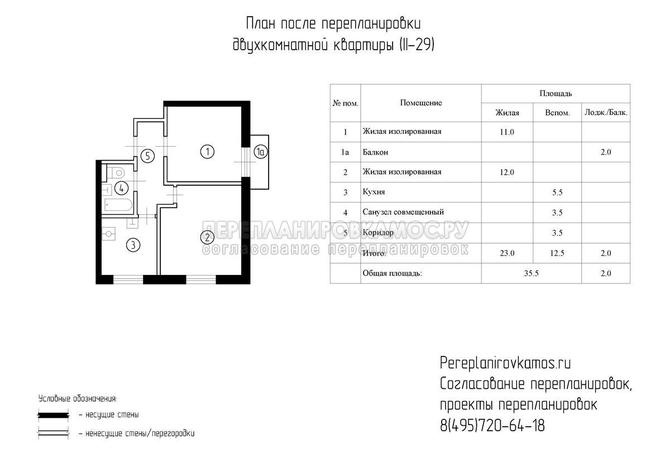 Пятый вариант перепланировки двухкомнатной квартиры в доме серии II-29