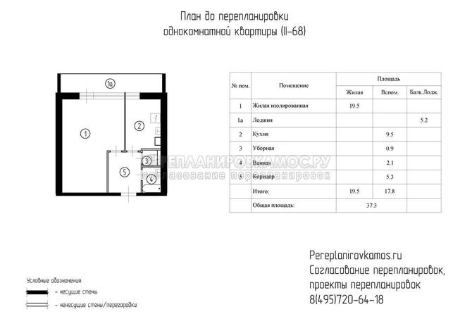 План до перепланировки однокомнатной квартиры в доме серии II-68