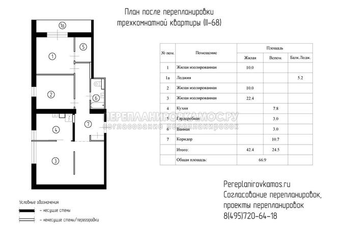 Третий вариант перепланировки трёхкомнатной квартиры в доме серии II-68