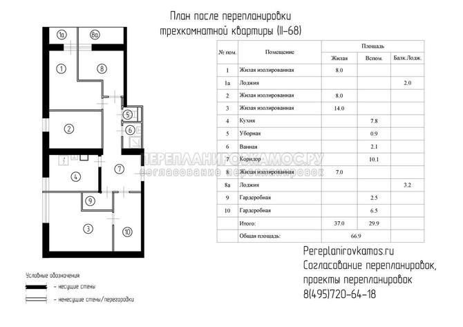 Четвертый вариант перепланировки трёхкомнатной квартиры в доме серии II-68