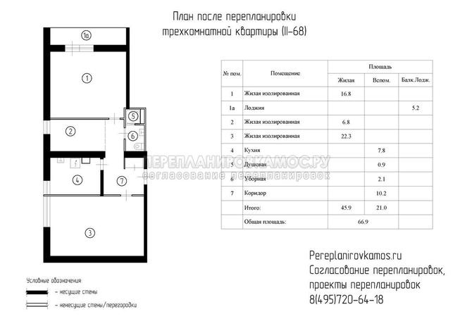 Пятый вариант перепланировки трёхкомнатной квартиры в доме серии II-68