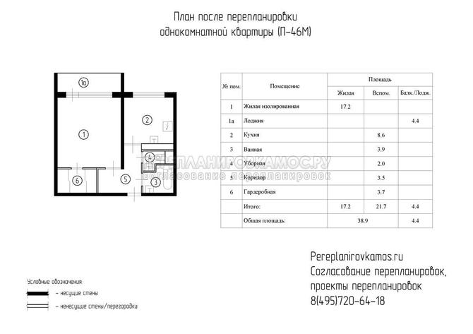Пятый вариант перепланировки однокомнатной квартиры в доме серии П-46М