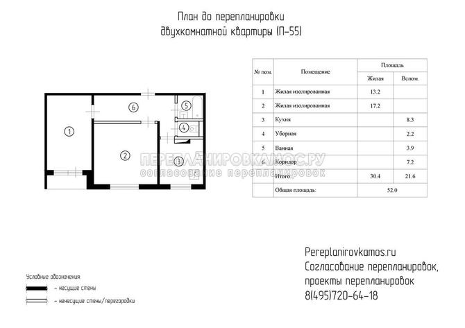 План до перепланировки двухкомнатной квартиры дома серии П-55