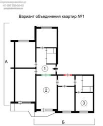 Перепланировка двух двухкомнатных квартир дома серии П-44, вариант 1