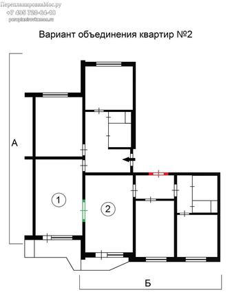 Перепланировка двух двухкомнатных квартир дома серии П-44, вариант 2