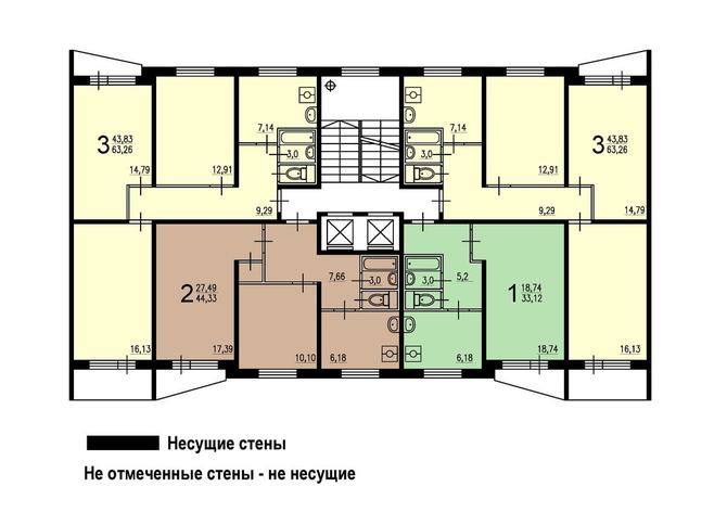 План этажа в доме серии II-57 с указанием несущих стен