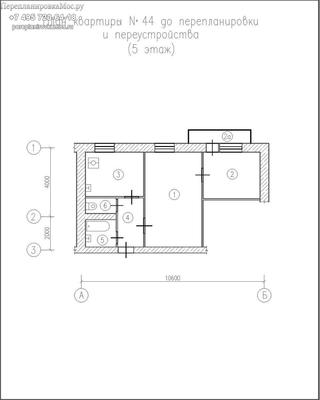 Перепланировка двухкомнатной квартиры с расширением кухни, план до