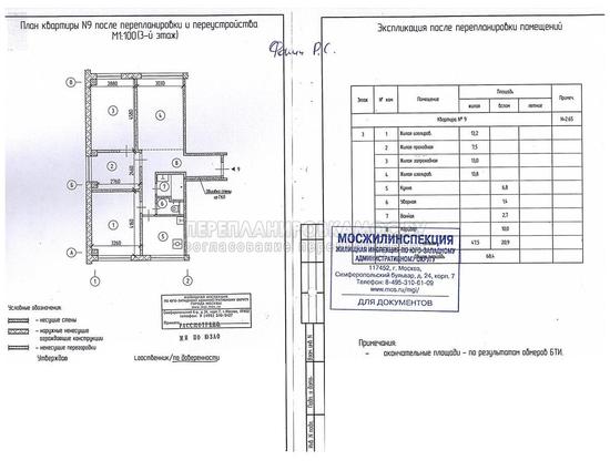 Проект перепланировки квартиры в 1МГ-601Д, план и экспликация после