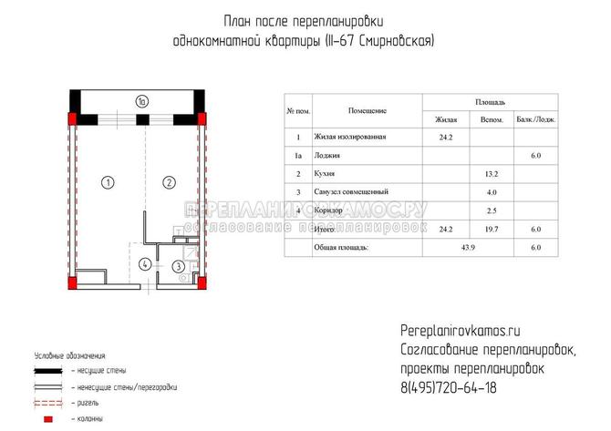 Первый вариант перепланировки однокомнатной квартиры в доме серии башня Смирновская