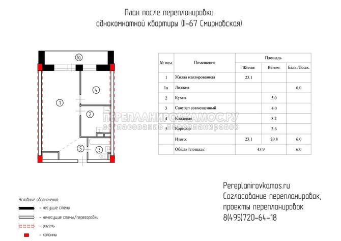Четвертый вариант перепланировки однокомнатной квартиры в доме серии башня Смирновская
