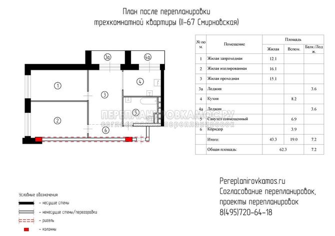 Первый вариант перепланировки трехкомнатной квартиры в доме серии Башня Смирновская