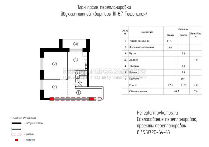 Пятый вариант перепланировки двухкомнатной квартиры в доме сеpии Башня Тишинская