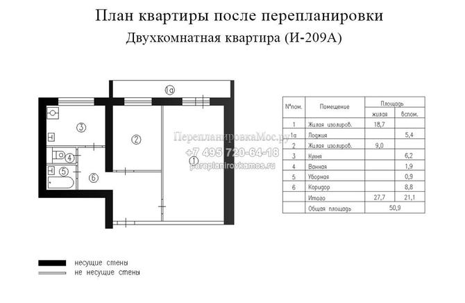 Третий вариант перепланировки в 2-хкомнатной квартире дома серии И209А
