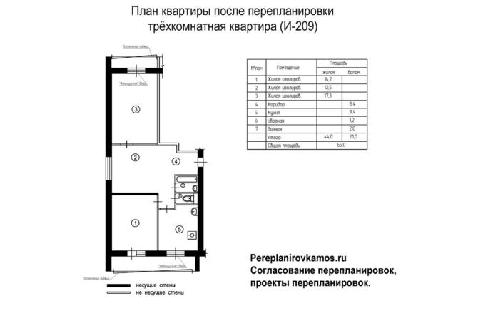 Первый вариант перепланировки трехкомнатной квартиры серии И-209А
