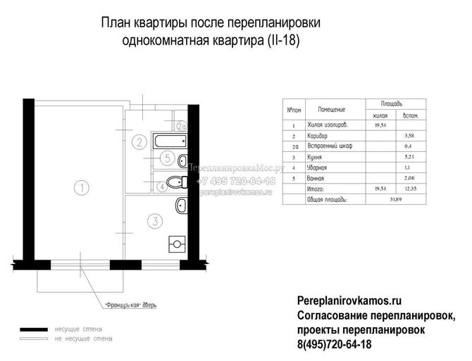 Второй вариант перепланировки однокомнатной квартиры серии II-18