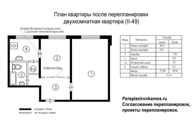 Седьмой вариант перепланировки двухкомнатной квартиры серии II-49