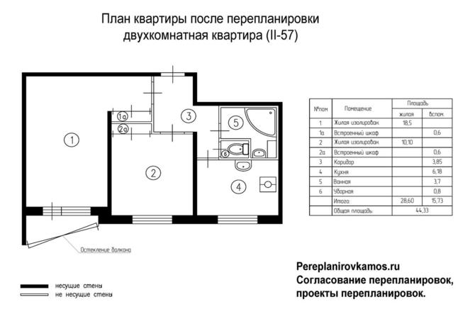 Четвертый вариант перепланировки двухкомнатной квартиры серии II-57
