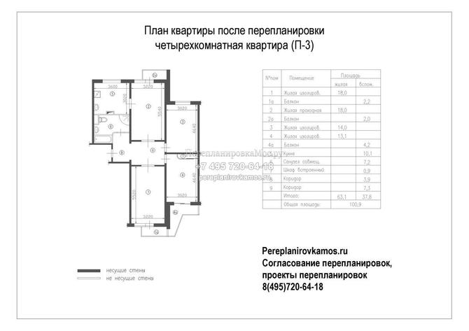 Четвертый вариант перепланировки четырехкомнатной квартиры П-3