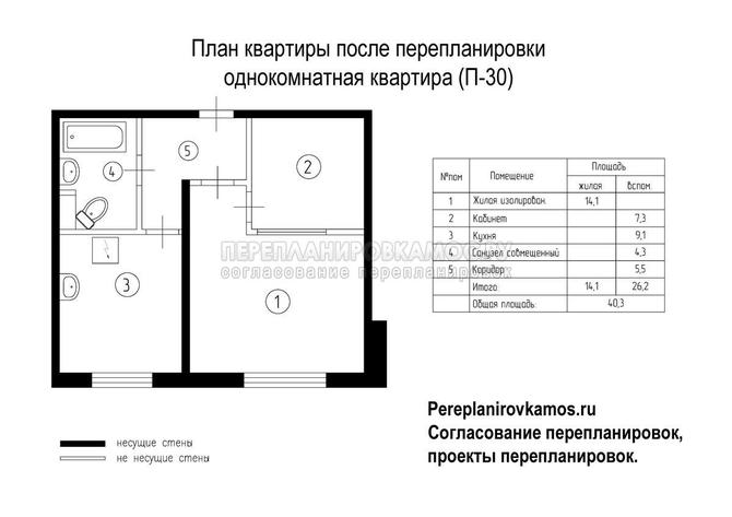 Второй вариант перепланировки однокомнатной квартиры серии П-30