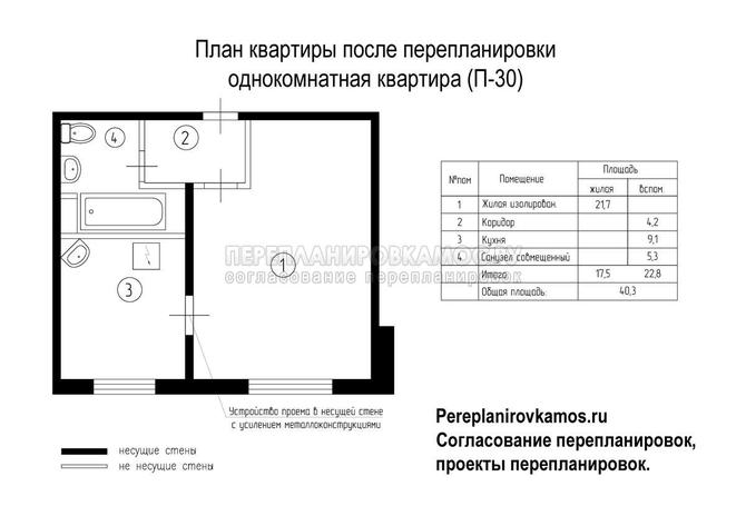 Третий вариант перепланировки однокомнатной квартиры серии П-30