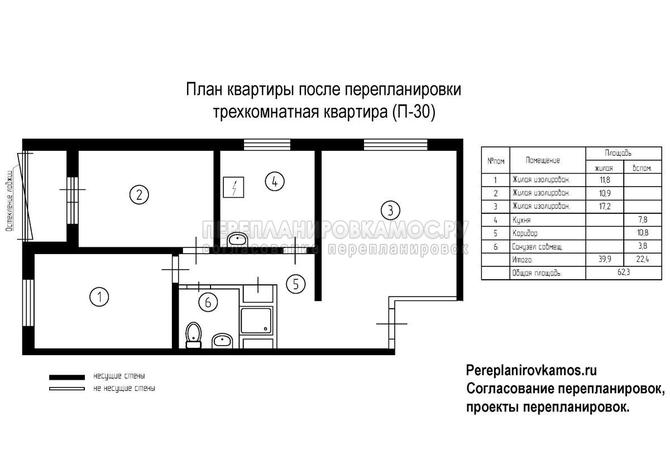  Четвертый вариант перепланировки трехкомнатной квартиры серии П-30