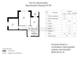 План до перепланировки двухкомнатной квартиры в доме серии И-155