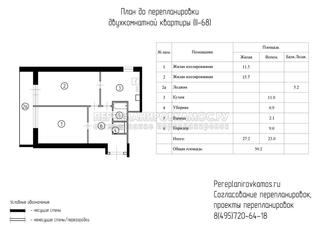  План до перепланировки двухкомнатной квартиры в доме серии II-68